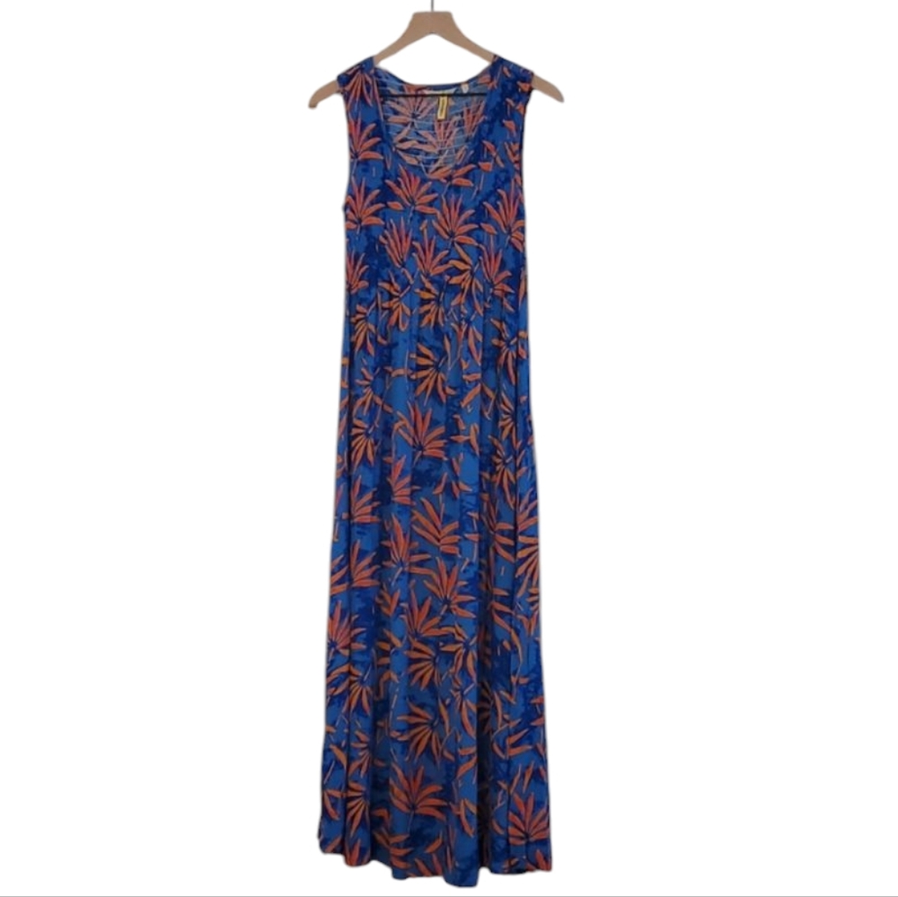 Soft Surroundings 100% Rayon Blue and Orange Tropical Maxi Dress, Size Small